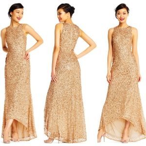 ADRIANNA PAPELL HALTER HIG-LOW CRUNCY BEAD GOWN